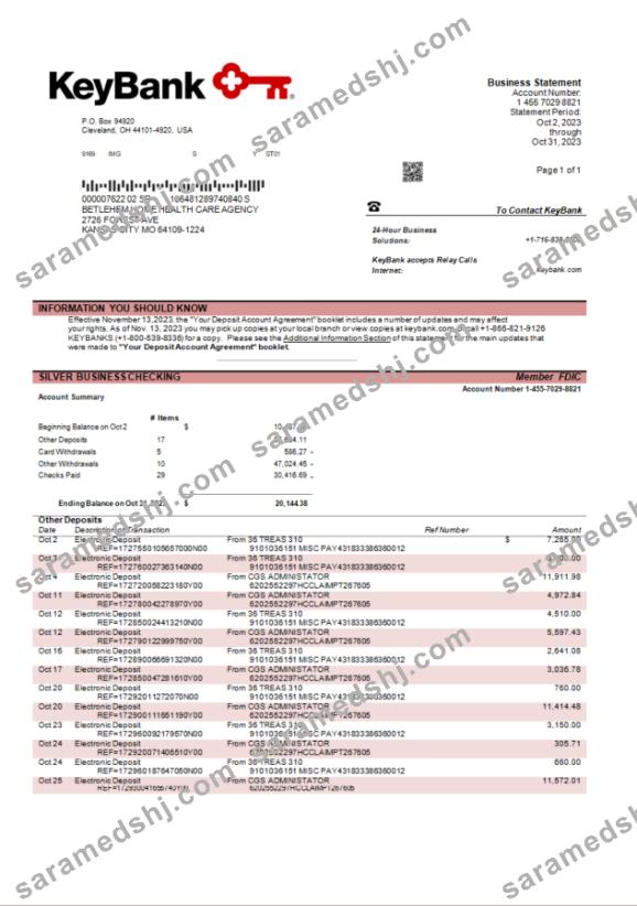 Keybank business bank statement Word and PDF template